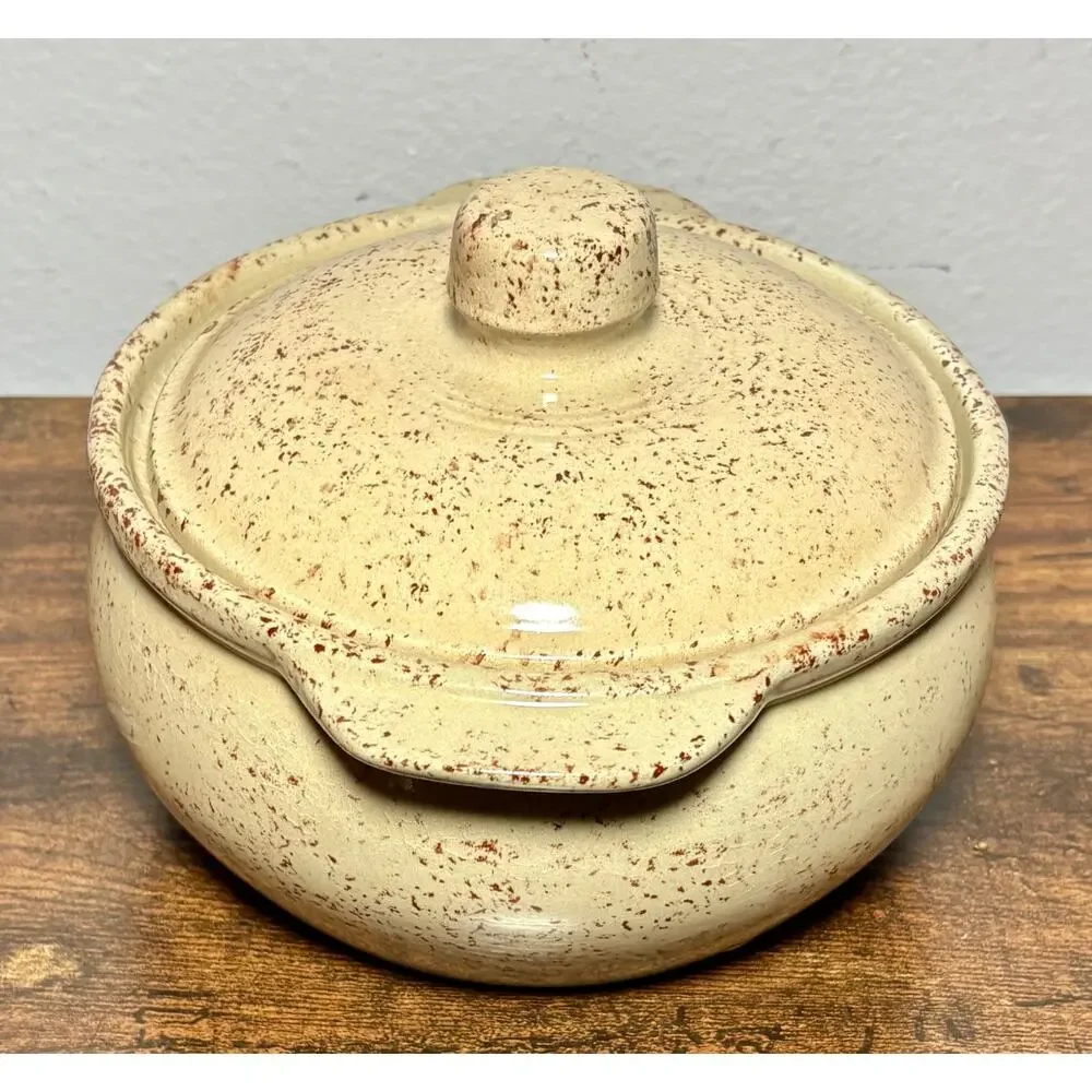 Vtg Monmouth Pottery Bean Pot Casserole Brown Speckled Stoneware Maple Leaf 2 Qt